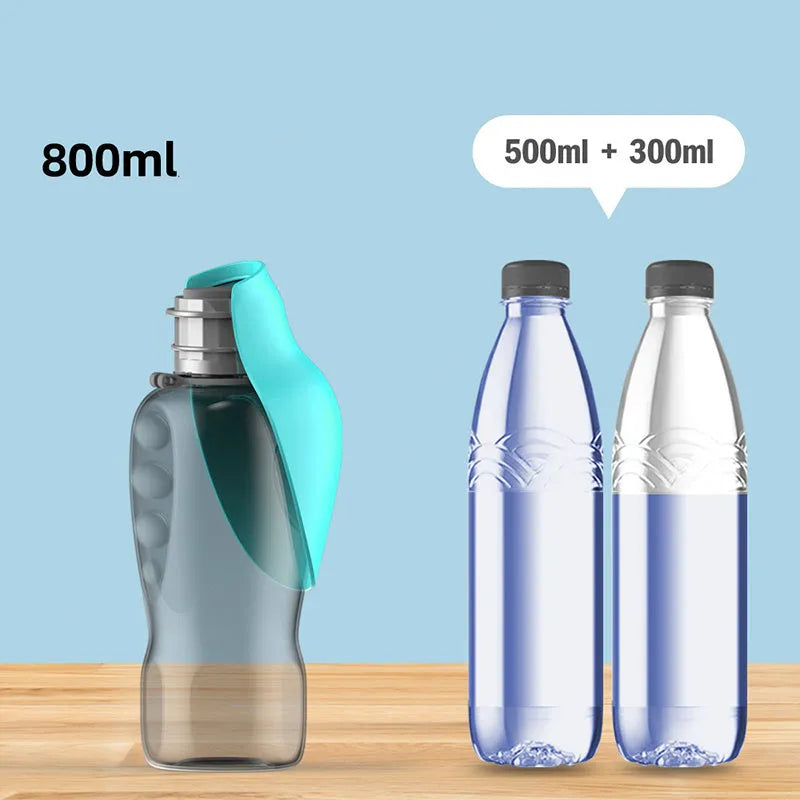 Blue grey portable dog water bottle with foldable drinking bowl extended, showing 800ml capacity.
