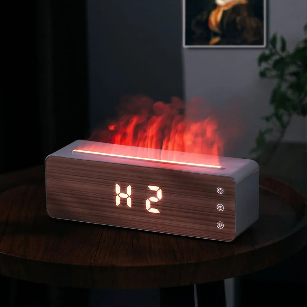 White flame humidifier with clock display, 28 x 8.5 x 9.3 cm, for desktop aromatherapy in bedroom or hotel