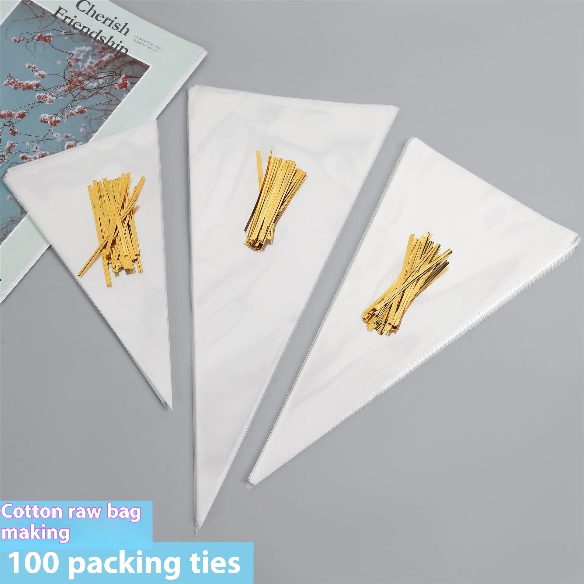 Triangle plastic packaging bag with tie wire closure in clear OPP material