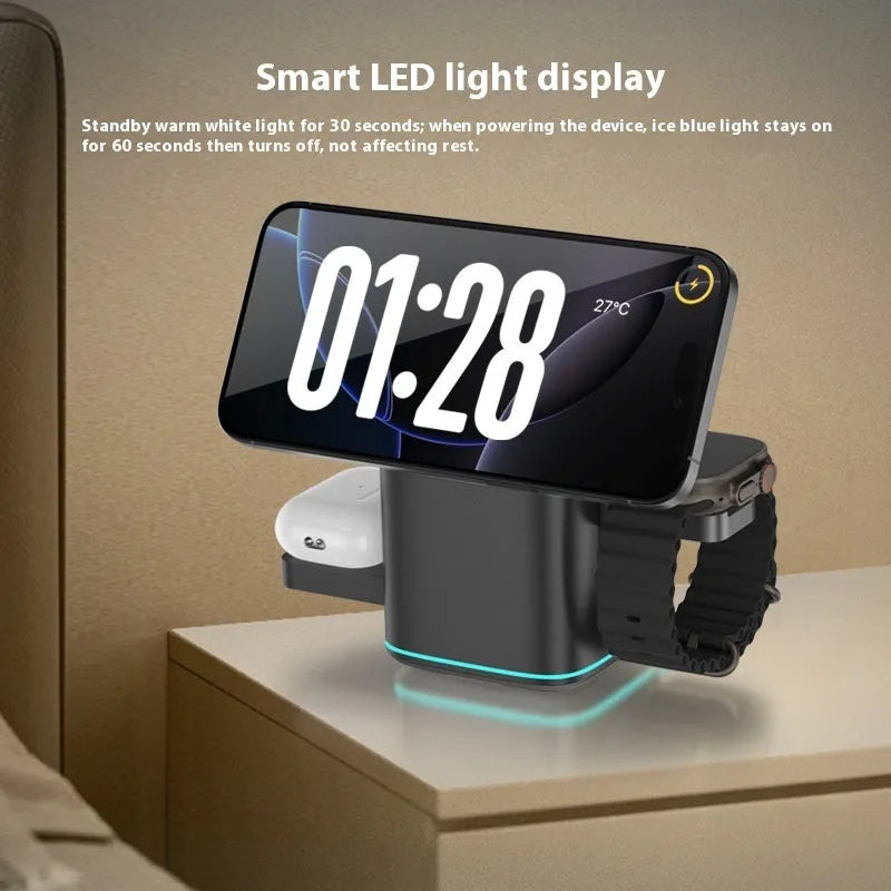 Black magnetic wireless charging stand with mobile phone attached, showing 180-degree rotation adjustment capability