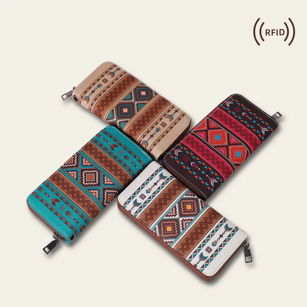 Bohemian Wind Belt RFID wallet in canvas with striped pattern, showing interior card slots and 20x10x2cm dimensions