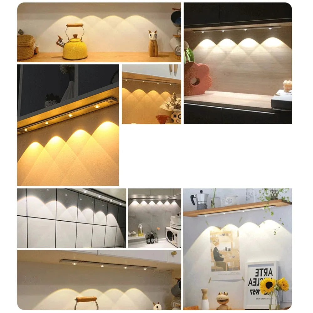 Ultra-thin USB LED night light with motion sensor in silver or black, showing magnet attachment for cabinets