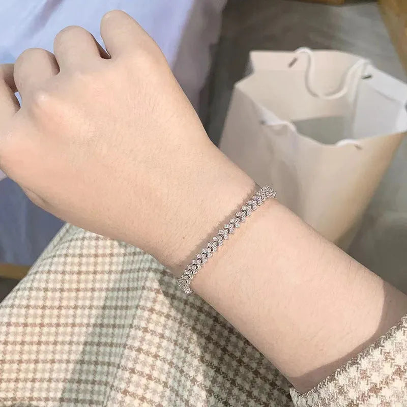 Silver plaid bracelet for women with high carbon diamond or moissanite, sizes 14cm to 23cm