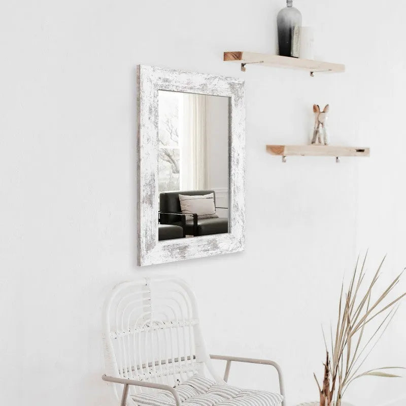 Wall-mounted dressing mirror with retro Chinese style white frame in bathroom setting