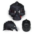 Double-sided motorcycle helmet with skull artwork, shown in red, with a reversible design.