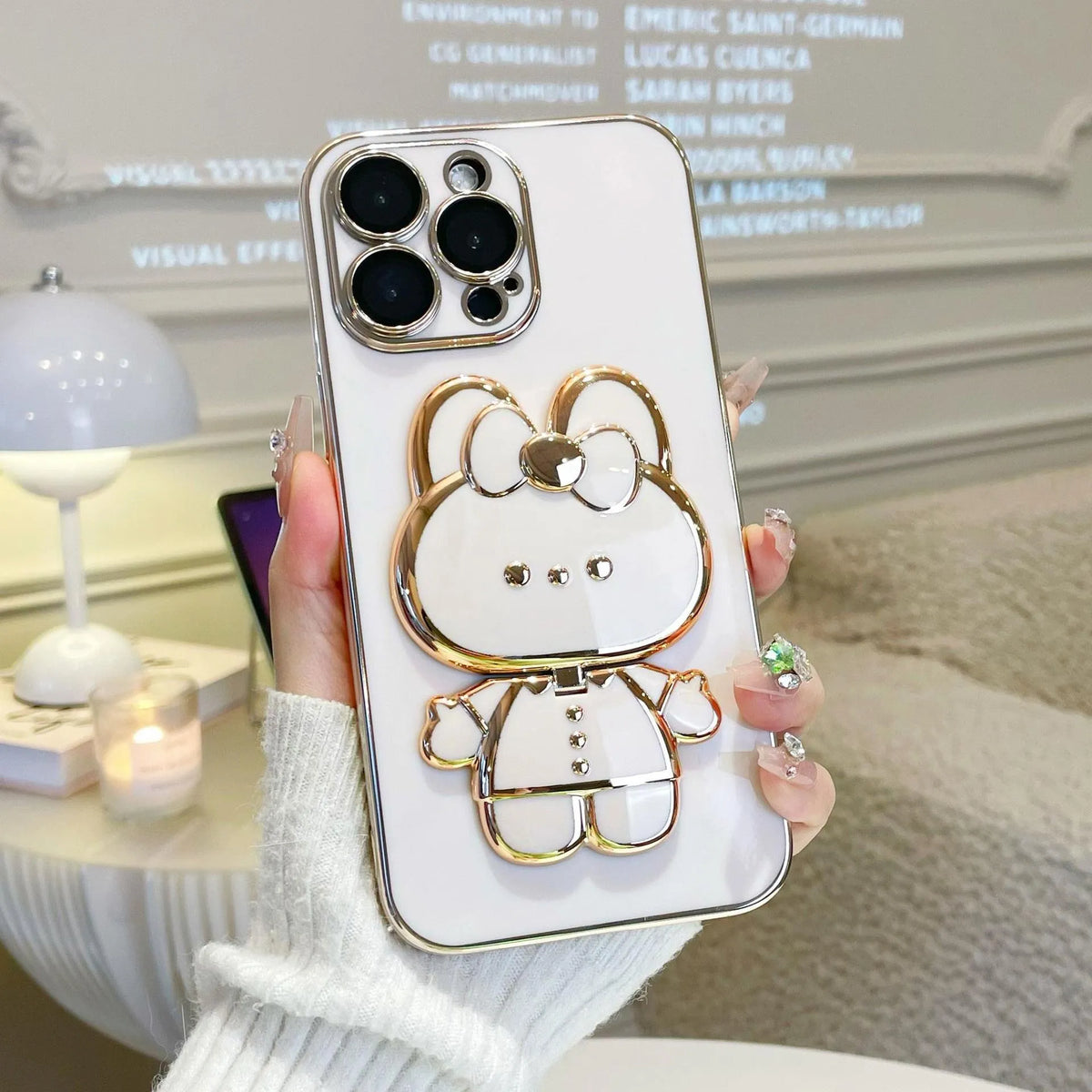 Cartoon rabbit stand mirror phone case for Apple iPhone, TPU electroplated anti-fall cover, pink bracket