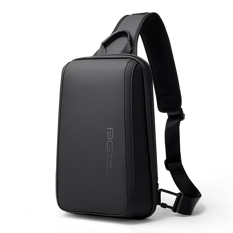 Blue men's chest bag with double connector shoulder straps showing 33x21x10cm dimensions and Oxford cloth material