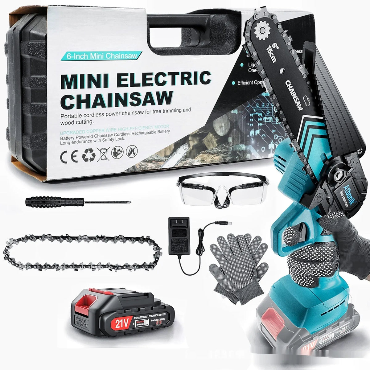 Handheld wireless electric chainsaw with 6-inch cutting chain, two batteries, safety goggles, and storage box