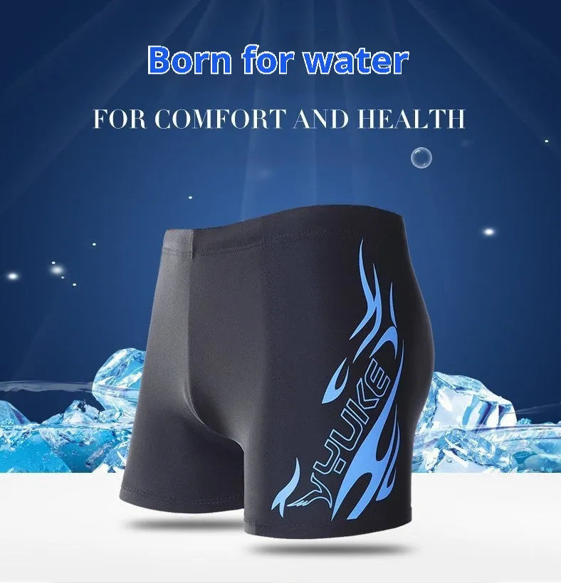 Men's boxer swimming trunks with fire pattern design in plus sizes L to 5XL, made from 100% polyester