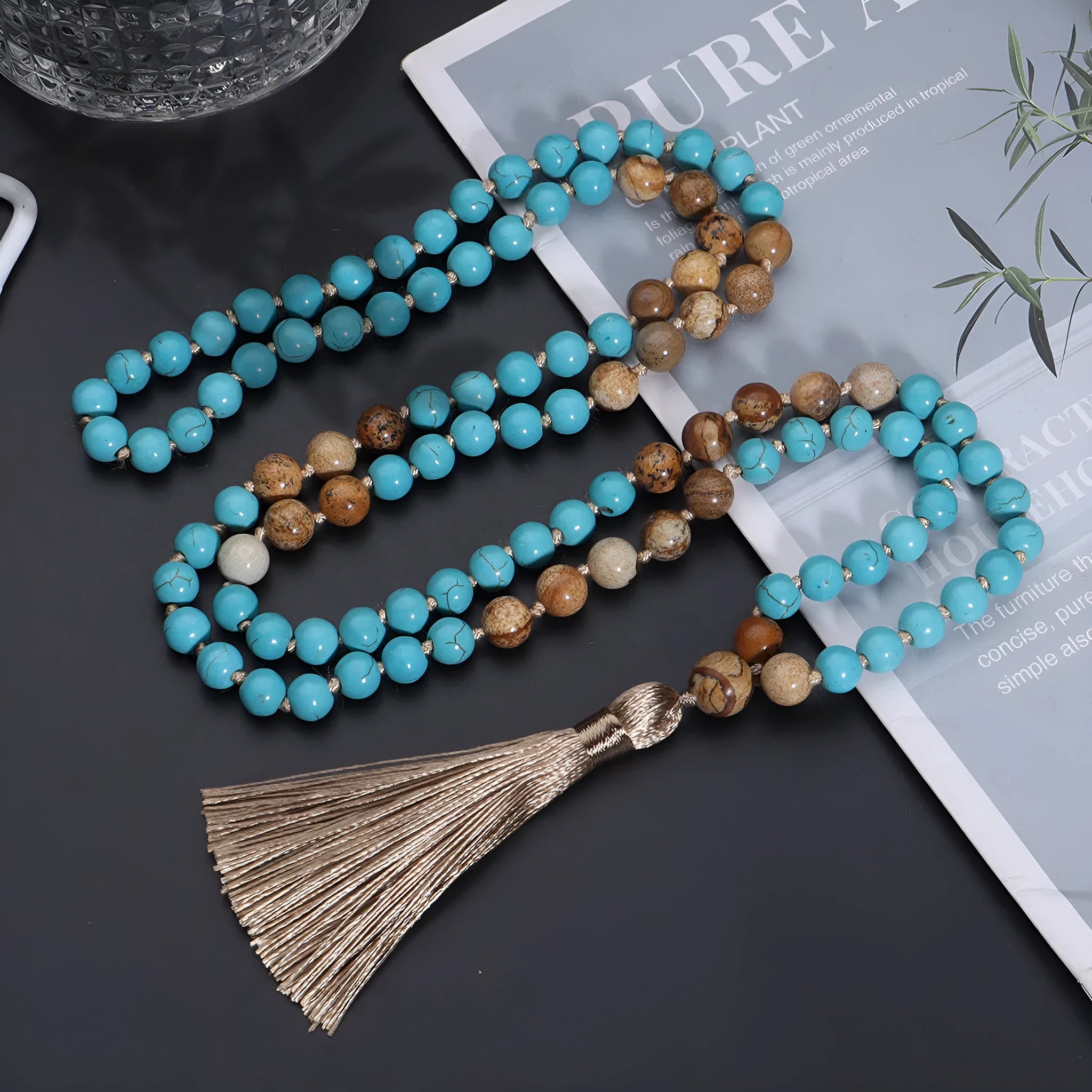 Handmade blue turquoise stone mala necklace with ball beads on 81cm chain