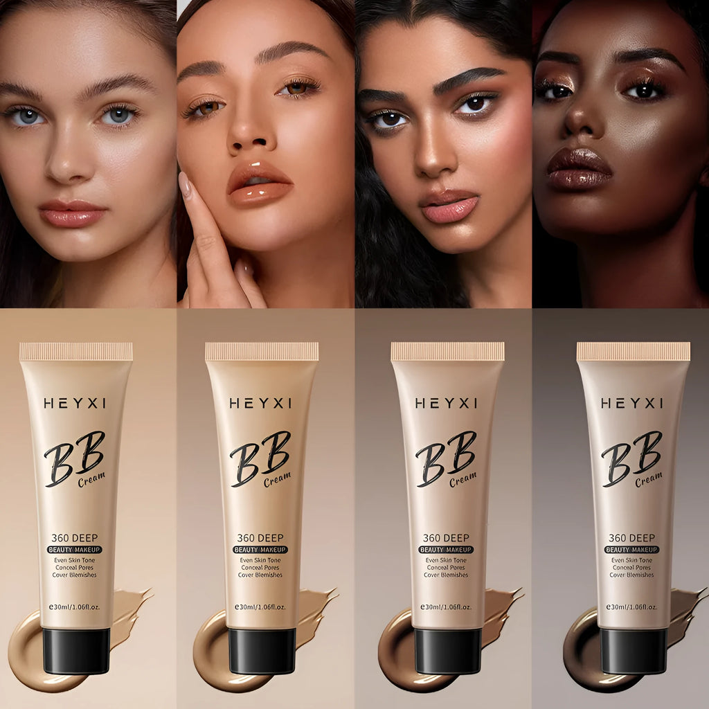 Waterproof BB cream in four shades (01, 02, 03, 04) with 12-hour wear for universal skin types