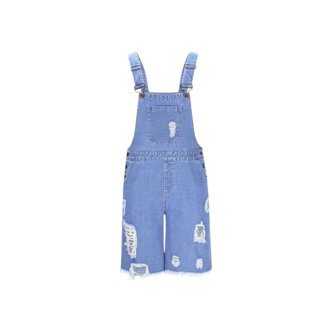 Ripped blue denim shorts for men with built-in black suspenders on a mid-waist straight-leg fit.