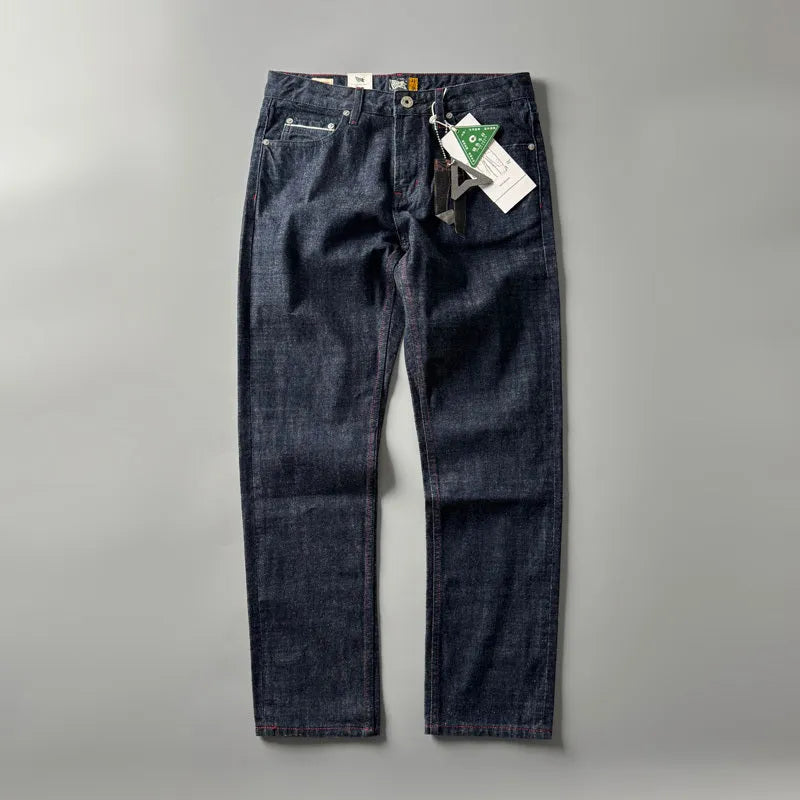 Men's straight-leg denim trousers in primary colour with mid-waist design and straight leg cut