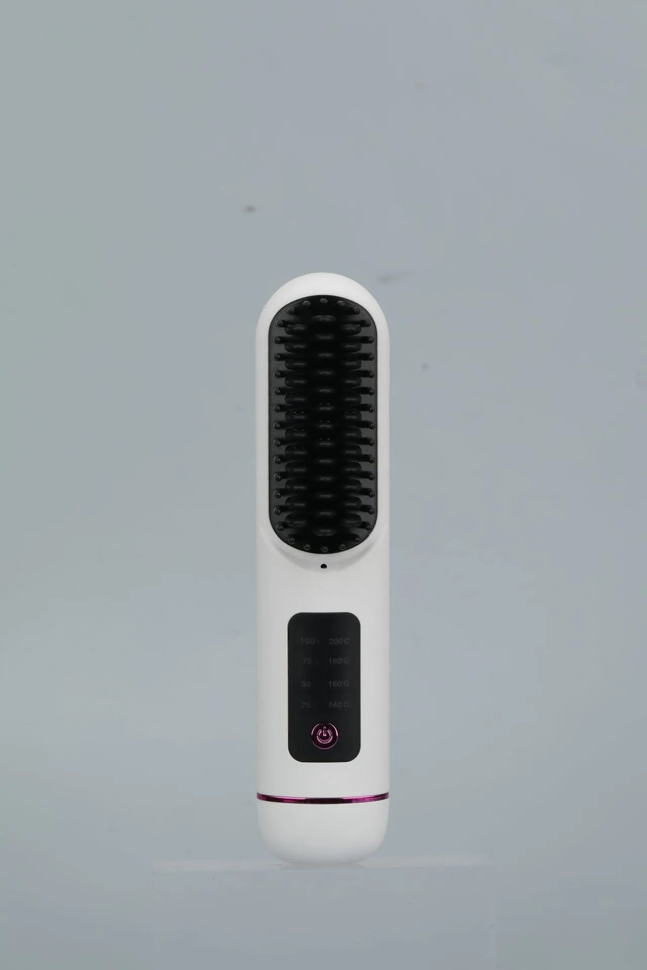 White portable negative ion hair comb with USB charging port and ABS plastic construction measuring 15-20cm length