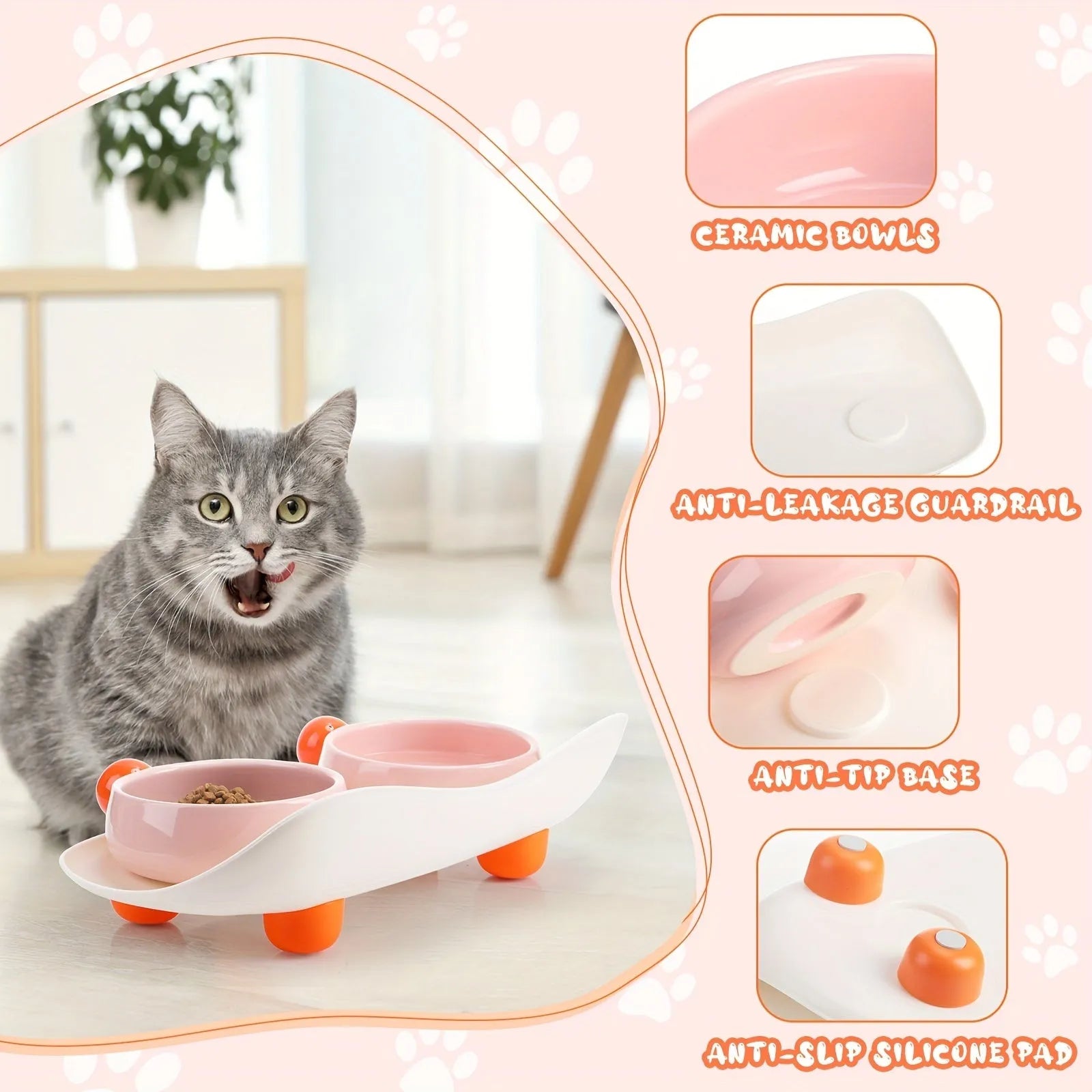 Pink elevated ceramic bowl with double raised design for cat food and water, non-slip base