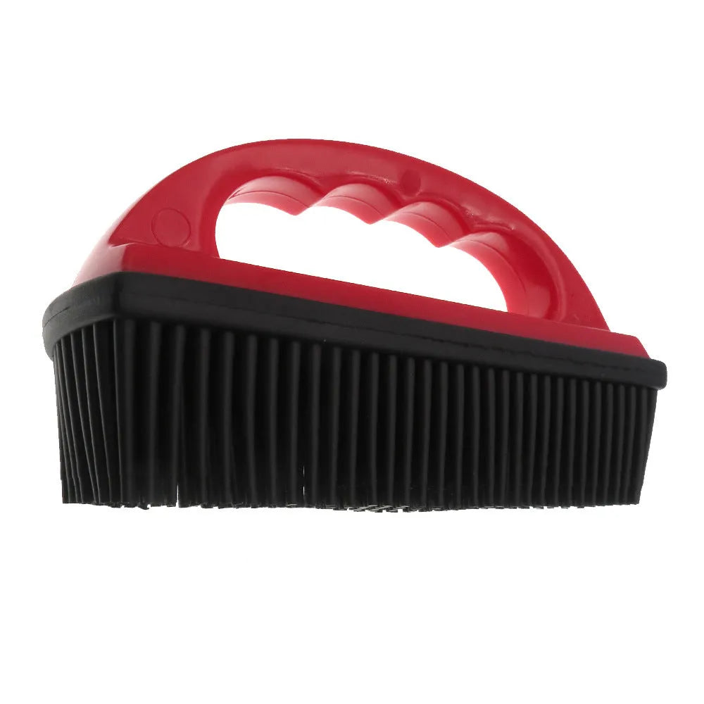 Red pet hair removal brush with silicone bristles measuring 160x85mm and ergonomic plastic handle