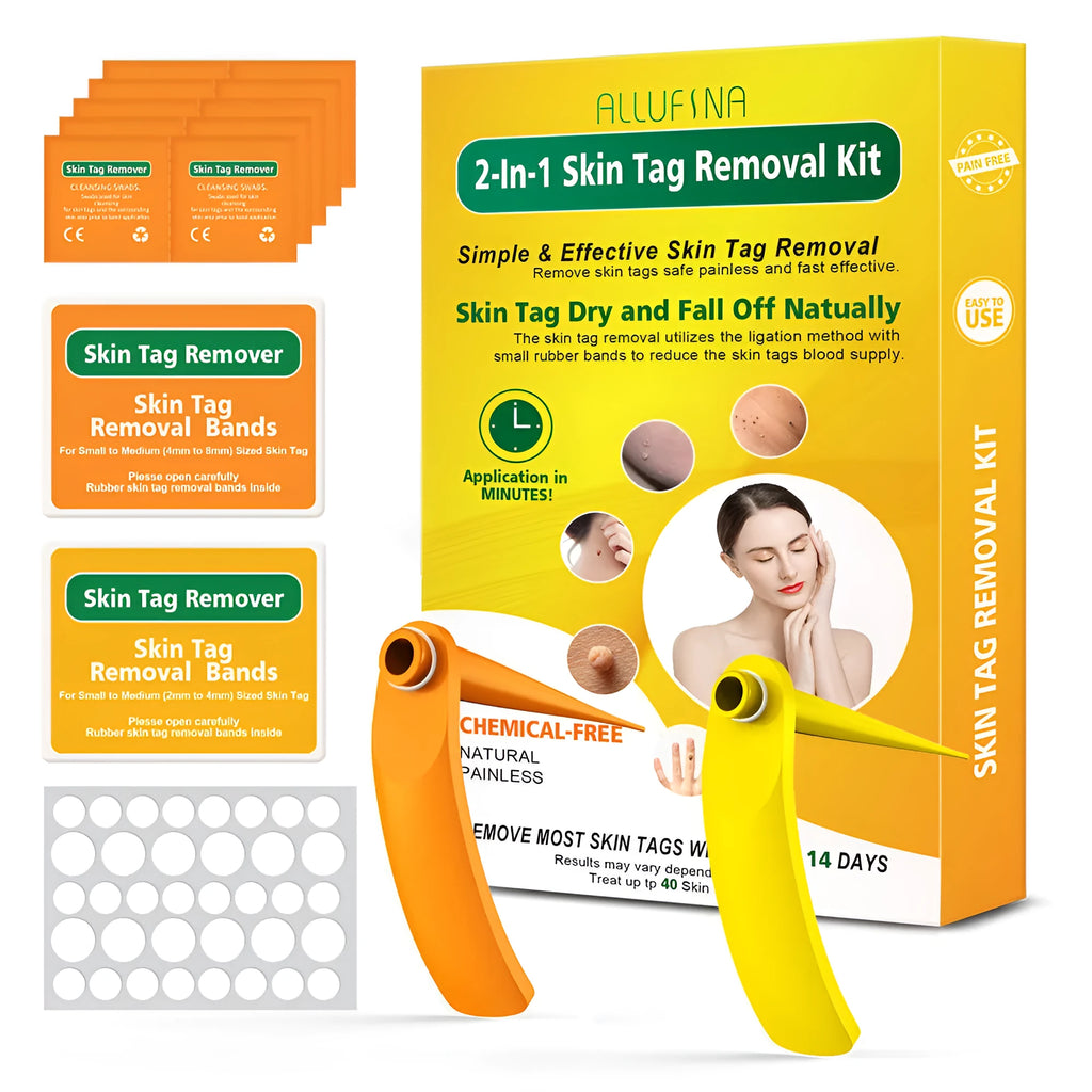 Orange wart removal tool kit with two devices, rubber rings, alcohol swabs and instructions