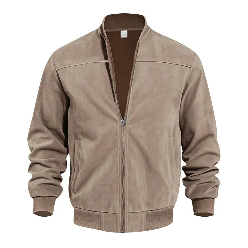 Men's plus size suede jacket in army green with zipper front and regular sleeves