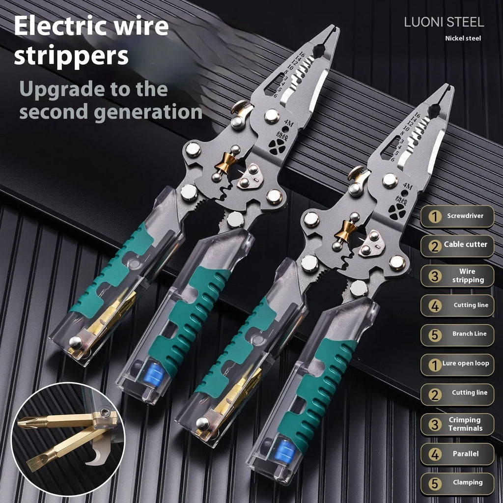 Electricians pliers with wire stripper function showing pointed shape and rust-resistant cutting edges