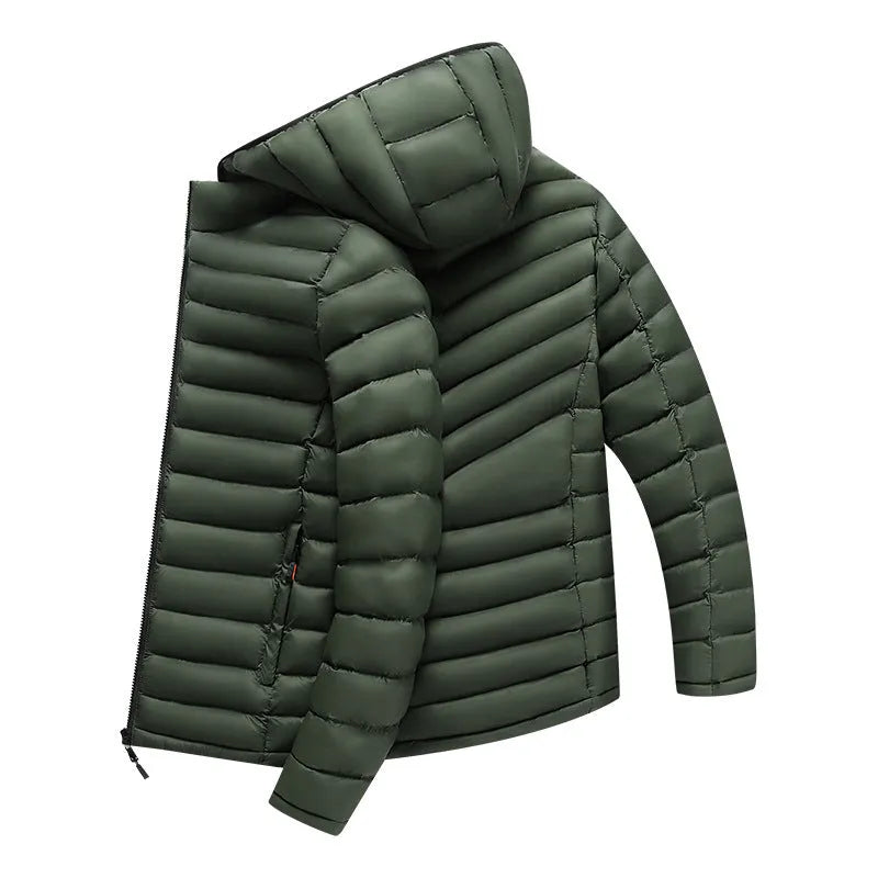 Men's lightweight down cotton-padded hooded jacket with detachable collar in black, army green or blue