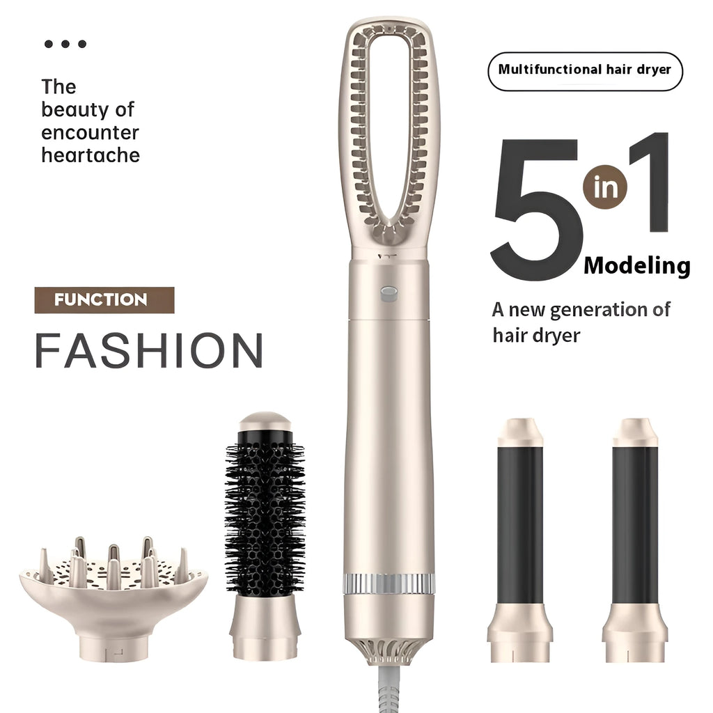 Champagne gold five-in-one hot air comb hair curler and straightener styling tool.