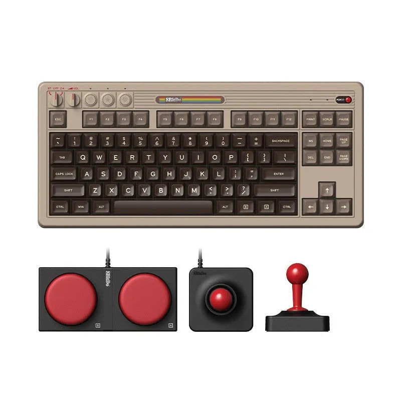 Retro black mechanical gaming keyboard with Bluetooth wireless connectivity and C64-inspired design