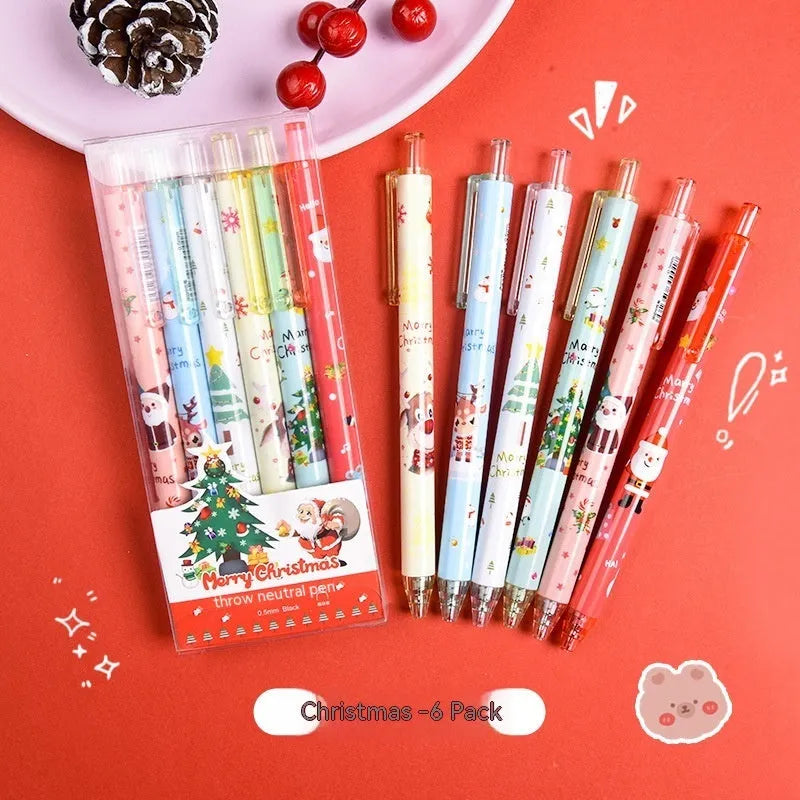 Christmas cartoon design gel pen set with six black ballpoint pens in plastic case