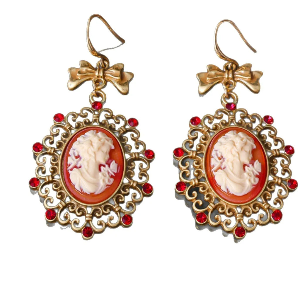 Retro court beauty head alloy drop earrings with bow detail and electroplated finish, one pair