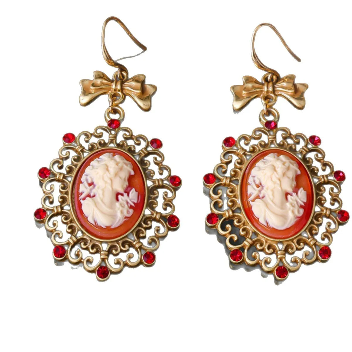 Retro court beauty head alloy drop earrings with bow detail and electroplated finish, one pair