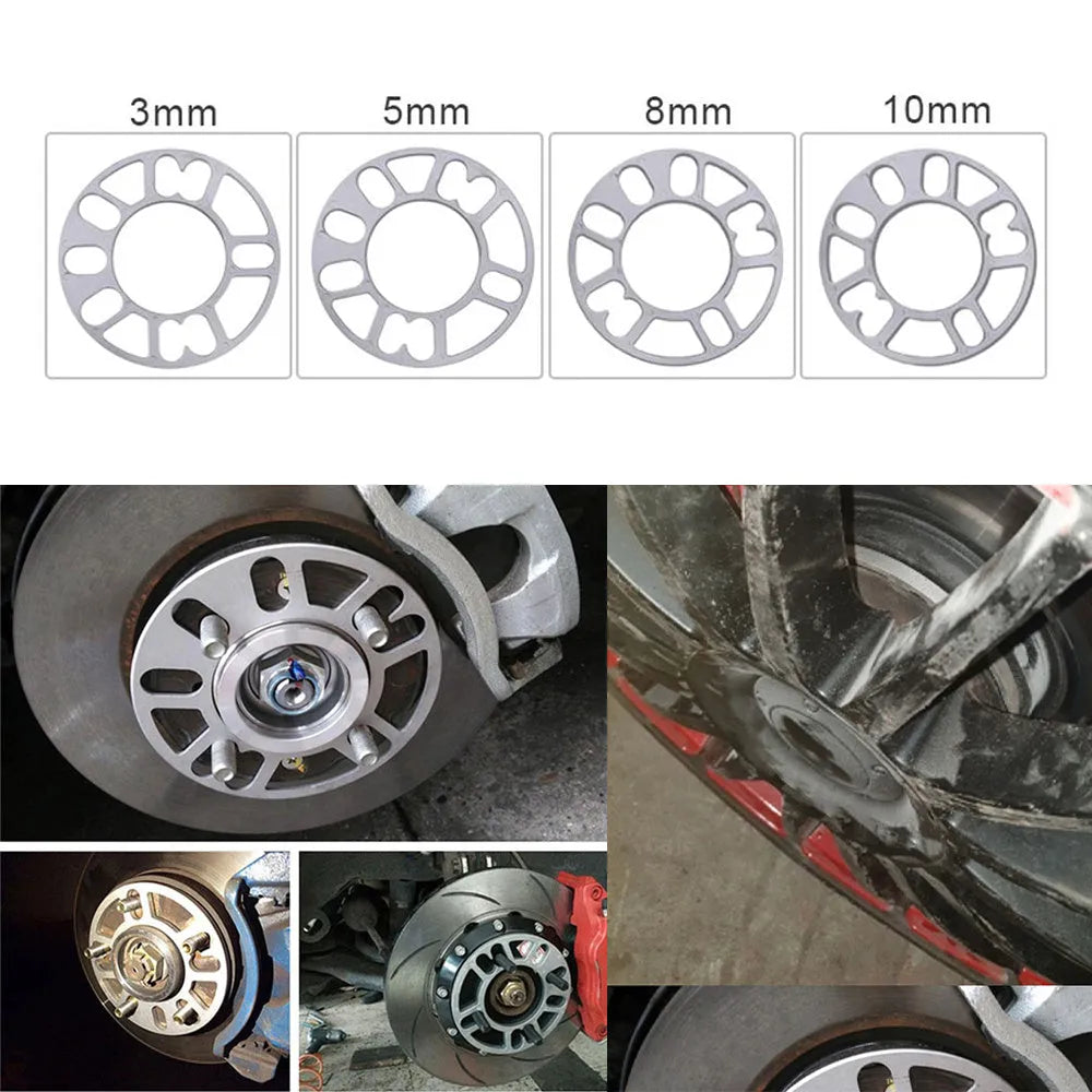 Automotive wheel hub widening gasket showing thickness options from 3mm to 10mm for wheel offset adjustment