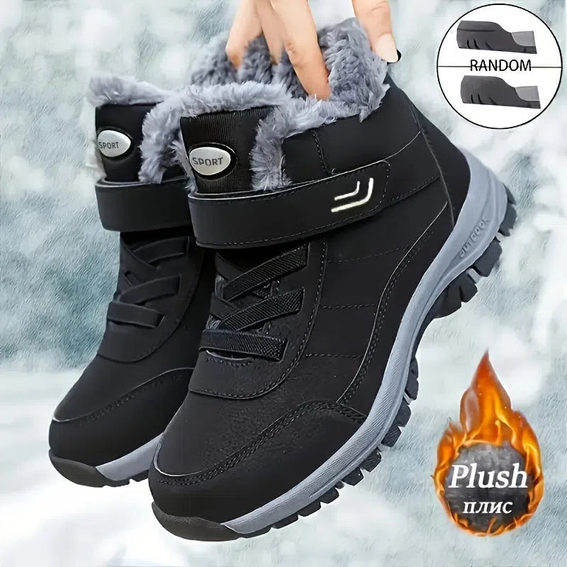High-top snow boots with thick PVC sole, fleece lining, artificial PU upper, round toe, in red, black or grey.