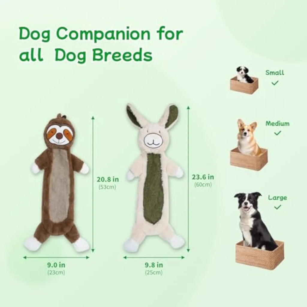No stuffing plush dog toy with crinkle paper inside featuring rabbit and sloth character designs