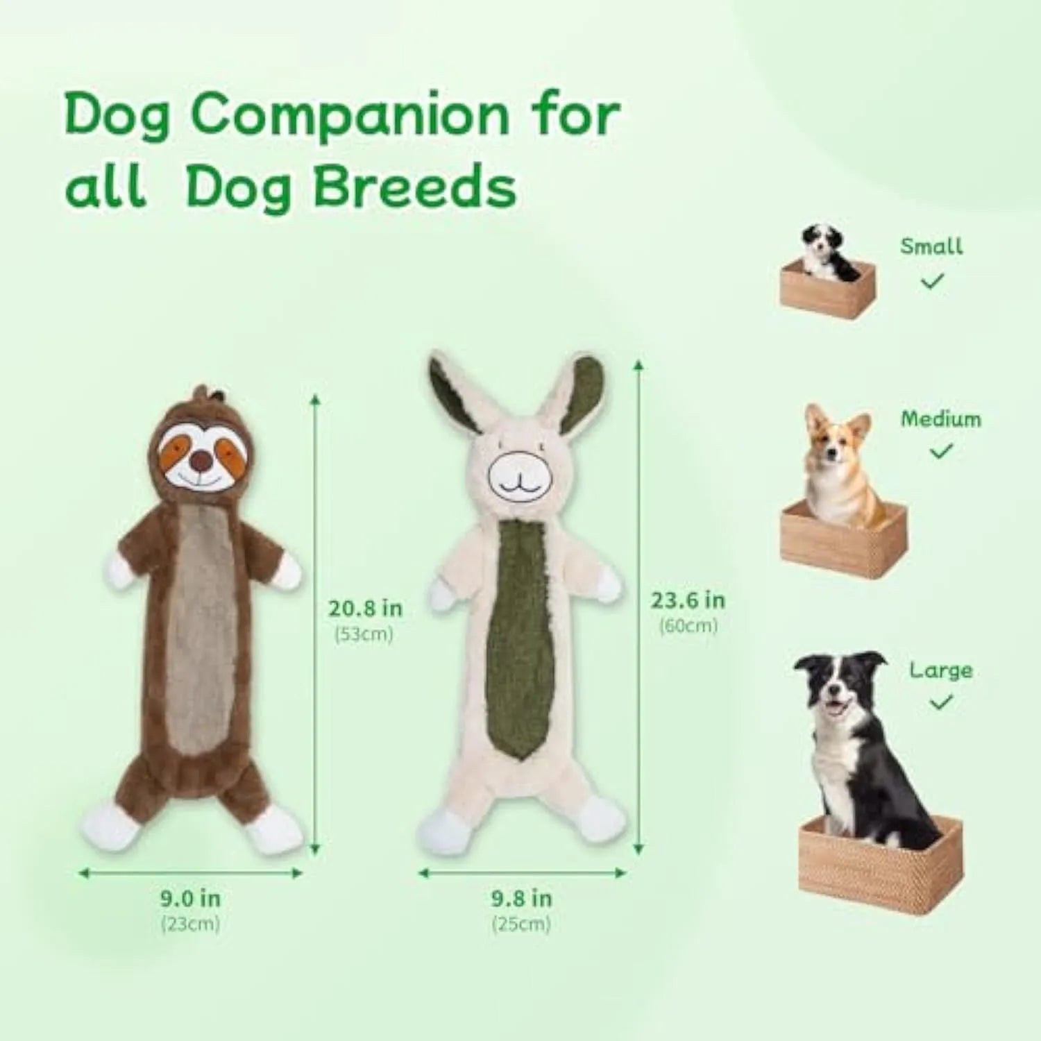No stuffing plush dog toy with crinkle paper inside featuring rabbit and sloth character designs