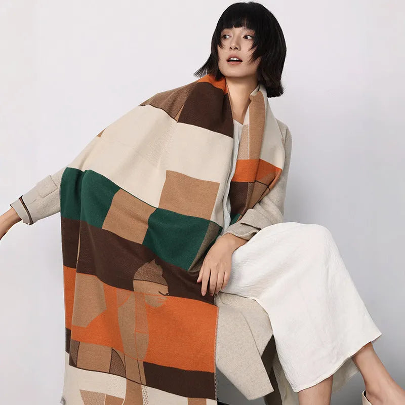 Imitation cashmere shawl scarf in beige colour showing 185x65cm dimensions and European American chic style
