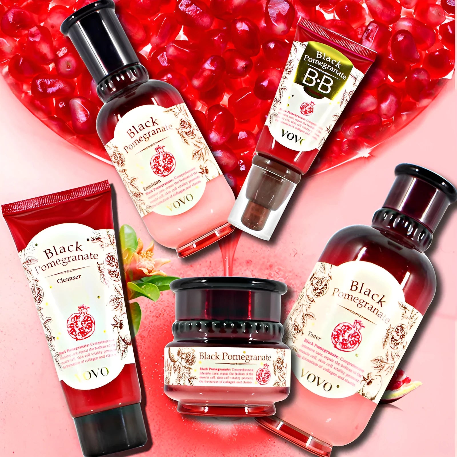 Pomegranate skincare set showing six products: cleanser, water, milk, cream, essence, and eye cream.