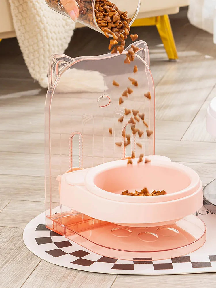 Grey pet bowl with cat ear handles showing height adjustment mechanism and anti-spill design