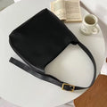 Two soft PU women's shoulder bags with swing threads decoration, shown in black and brown colour options.