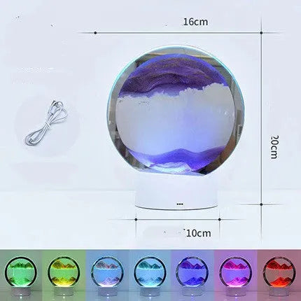 Creative 3D quicksand table lamp with glass shade on a table, showing touch control and USB cable.