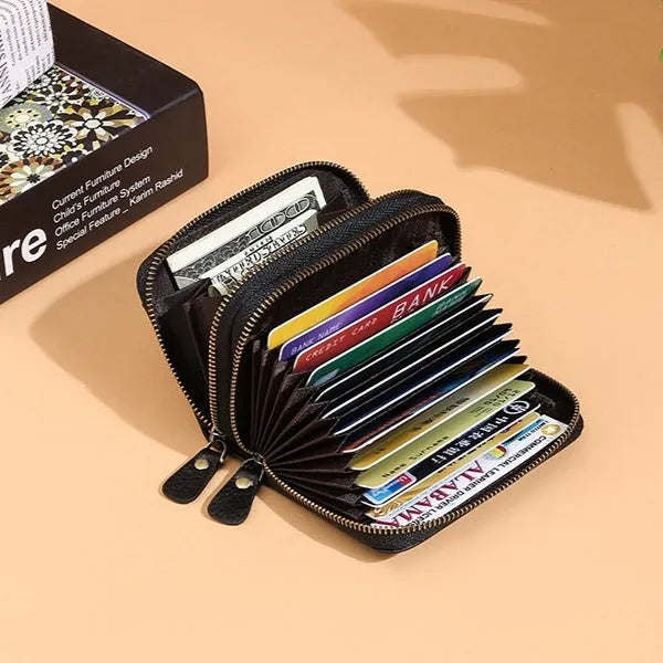 Genuine cowhide leather expanding card holder wallet with anti-theft card slots