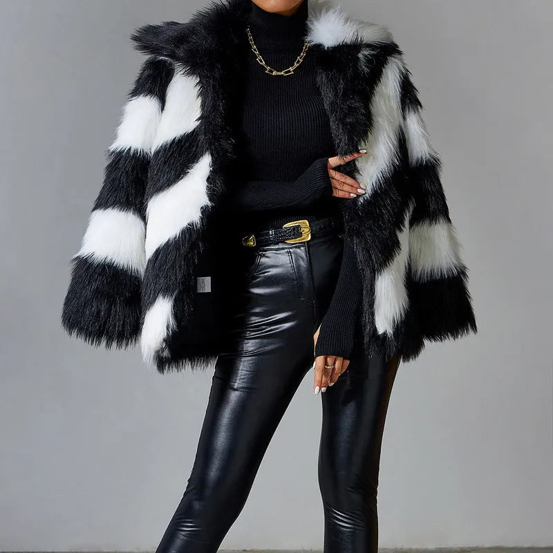 Women's lapel contrast colour faux fur coat with attached fur collar, 50cm length in polyester fibre