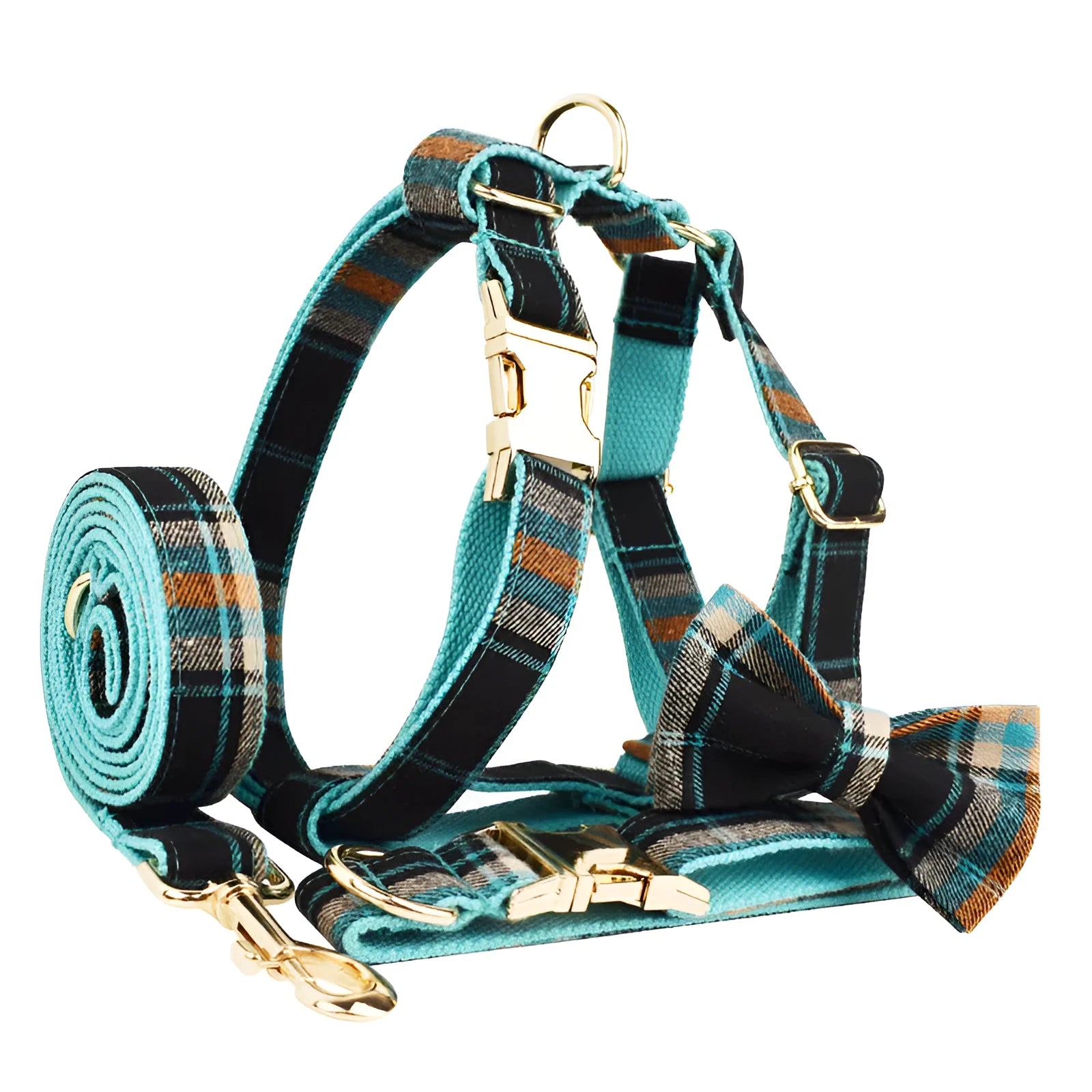 Green retro pattern dog collar, leash, bow, and vest four-piece accessory set