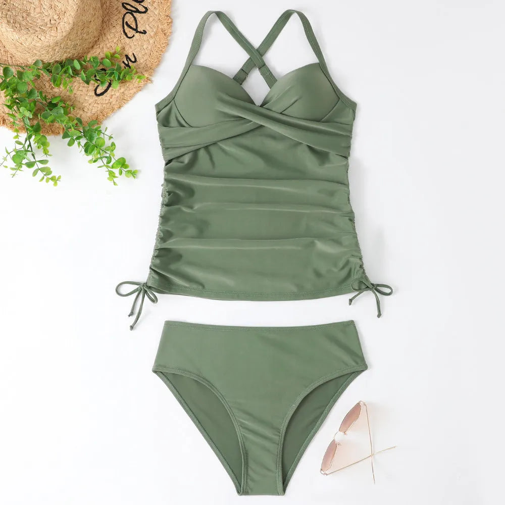 Women's separated swimwear bikini set in nylon with high elasticity, available in black, army green, leopard print, and green leaves patterns