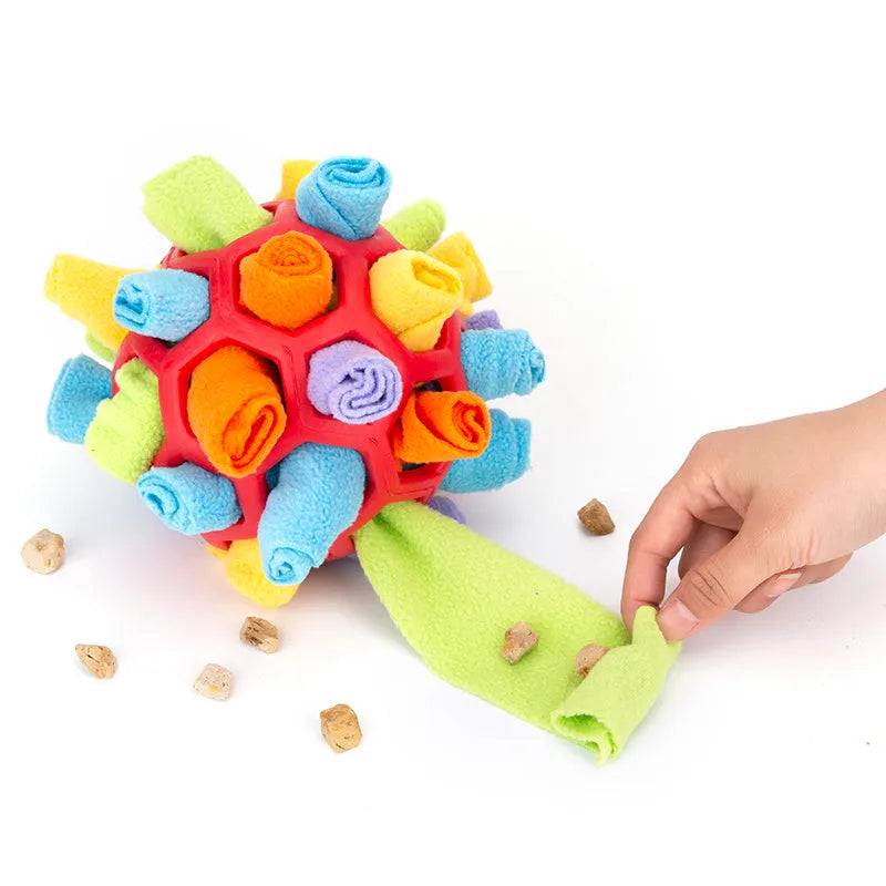 20cm polar fleece dog snuffle ball for nose work, supplied as one ball in a 25 x 25 x 12cm package