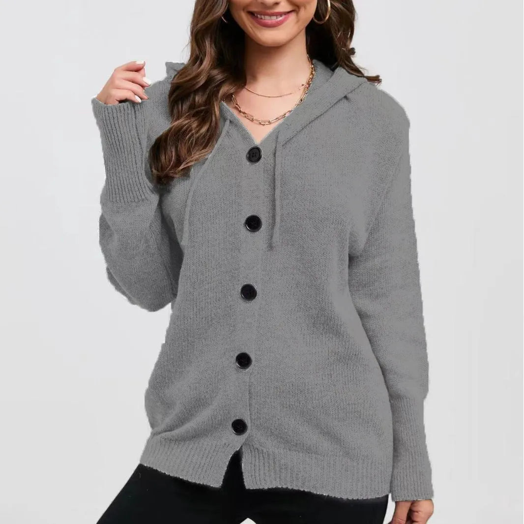 Women's solid colour hooded cardigan with 3D pattern, loose fit, and long sleeves in cotton fabric