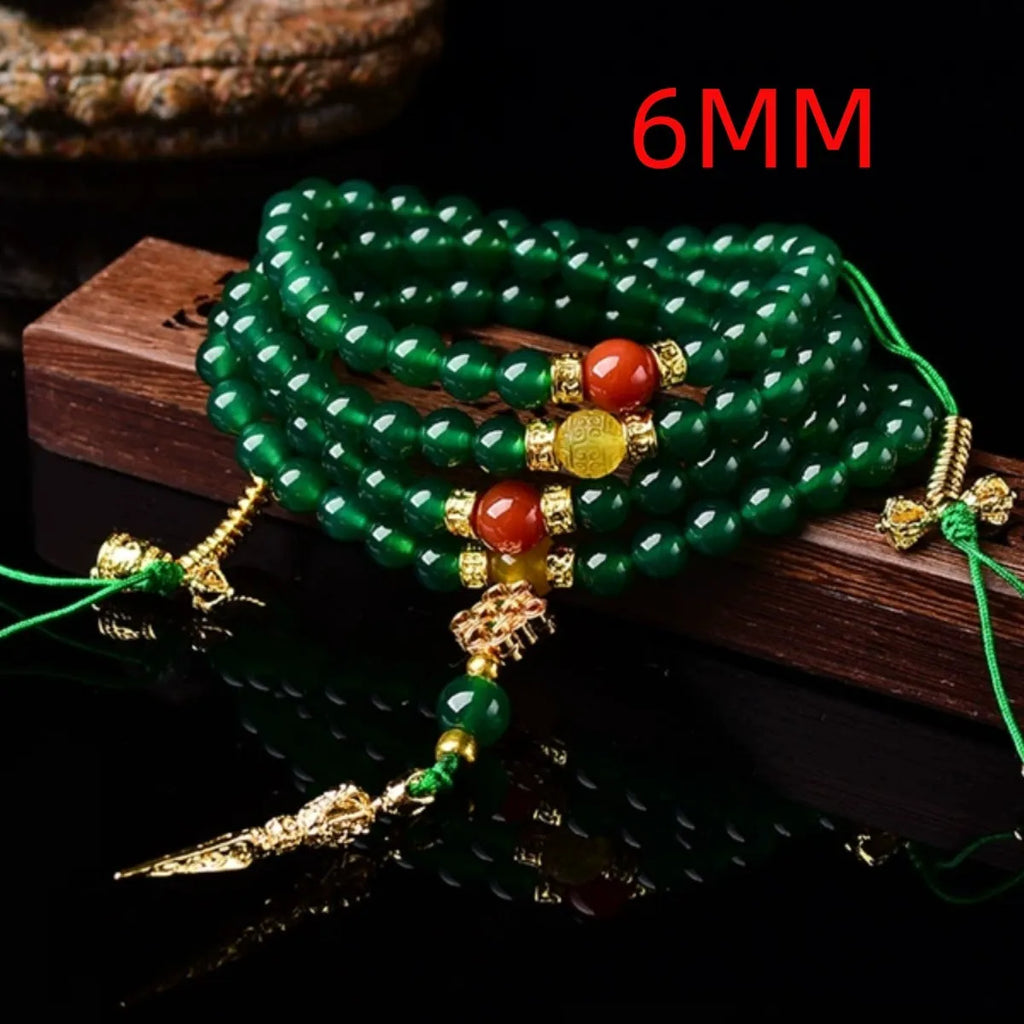 Handmade multi-circle bracelet with natural green agate beads from Brazil.