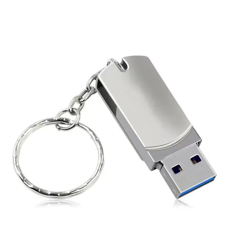 White metal rotating USB flash drive showing compact 34mm size with protective shell