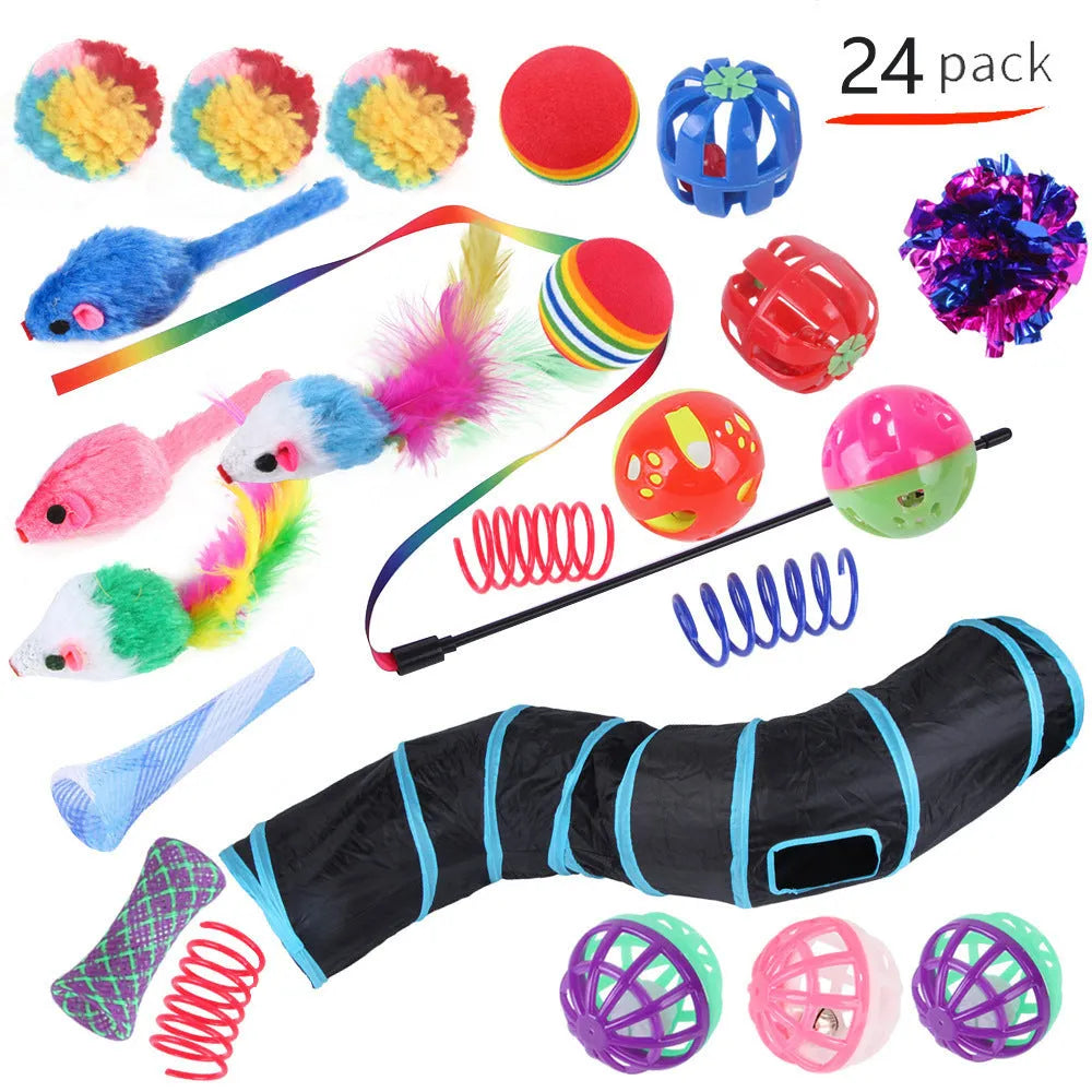 Plastic cat play channel toy with assorted accessories for feline batting and chasing