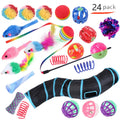 Plastic cat play channel toy with assorted accessories for feline batting and chasing