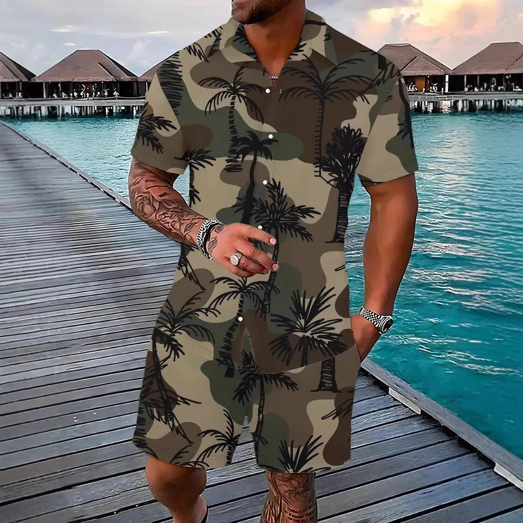Men's Hawaii 3D printed short sleeve suit with matching shorts in vibrant patterns