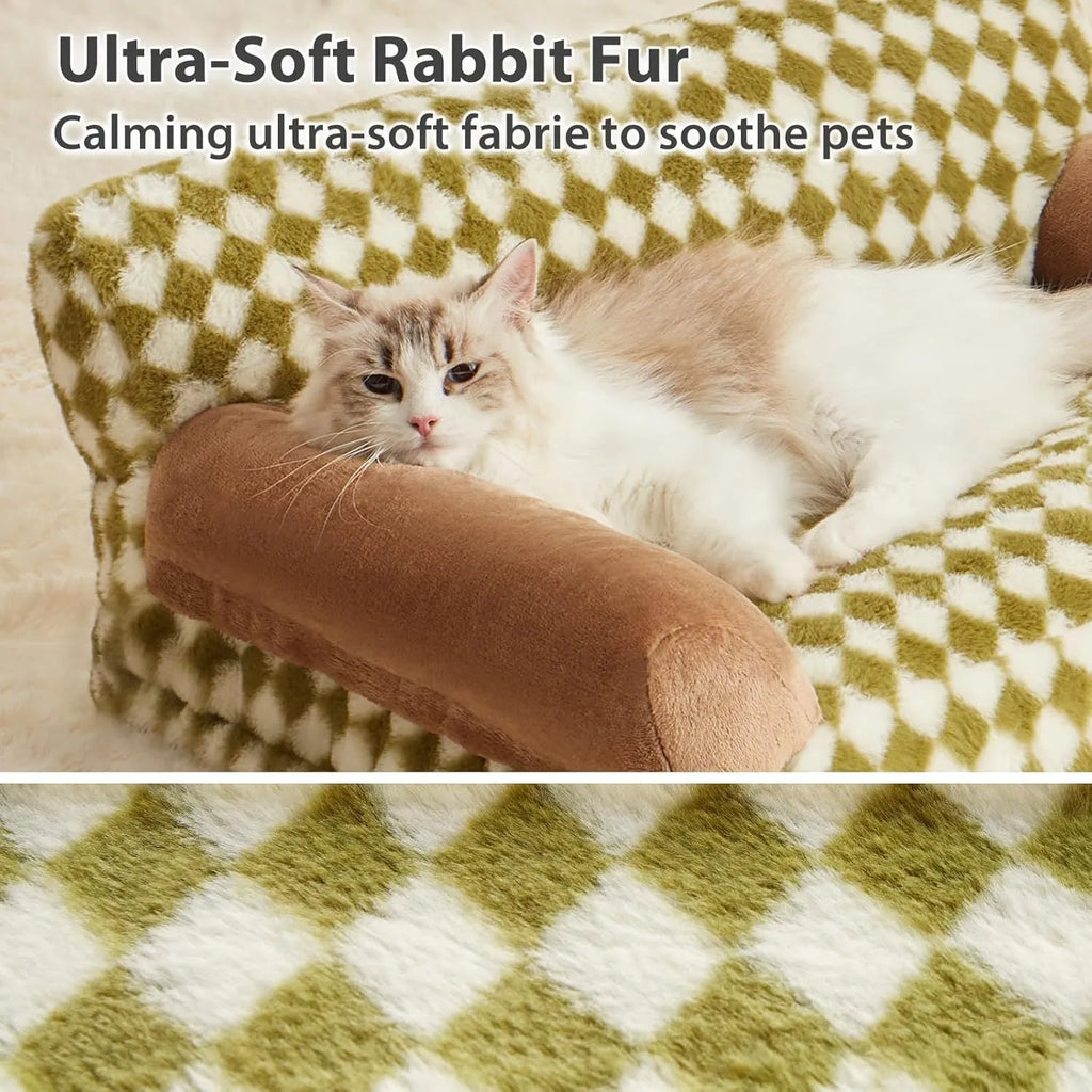 Checkered pattern pet sofa bed for small cats and dogs on a wooden floor.